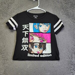 On Fire Anime Graphic Tee Limited‎ Edition Striped Sleeve T-Shirt Size S